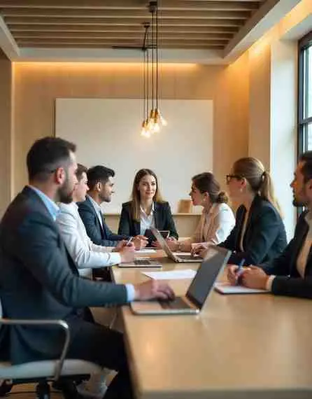 wingstechnicalservices-recruitmentagencyinqatar A modern, professional recruitment agency office in Qatar, with a team of diverse professionals engaged in a meeting.