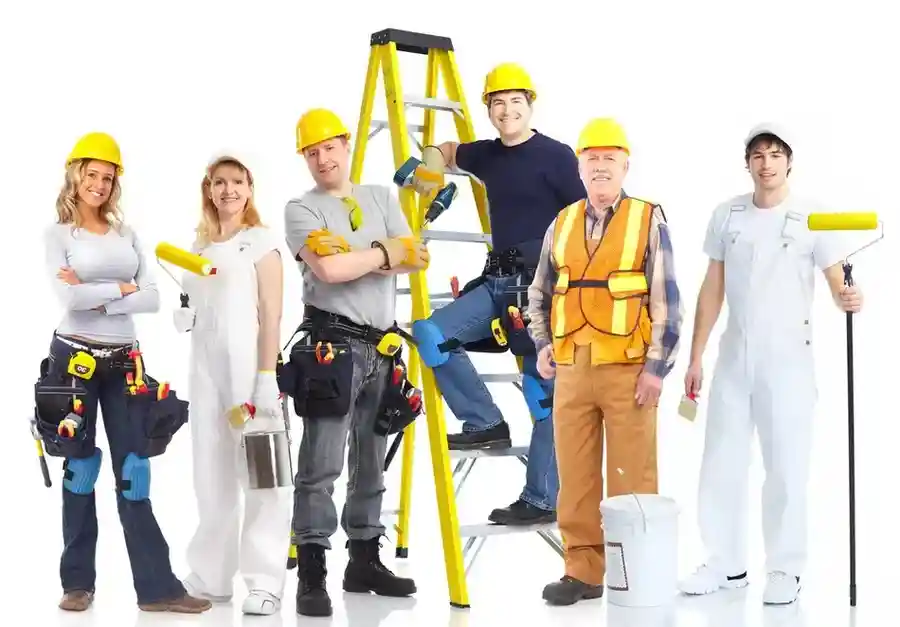 A diverse group of professionals in construction attire, representing facility management and cleaning services in action.