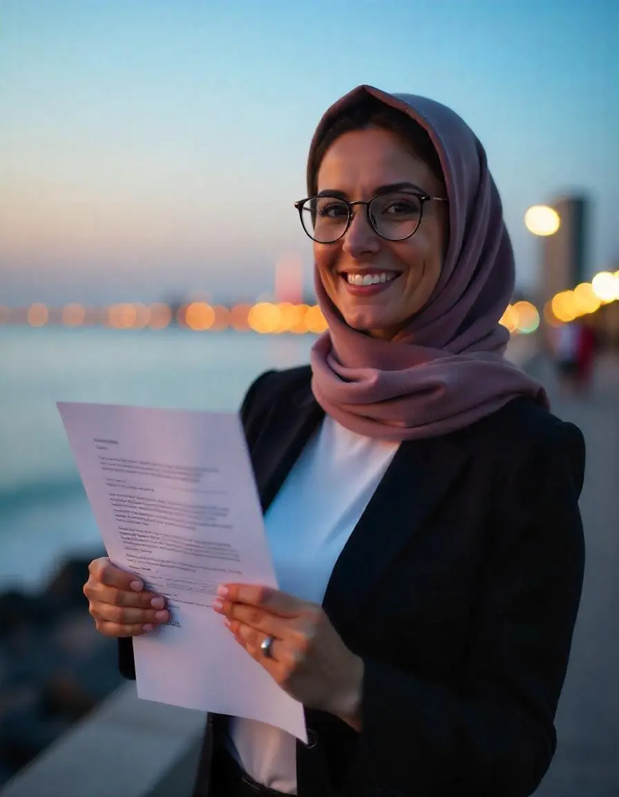 a muslim women wearing scarf holding a paper and smiling with excitement of getting her dream job