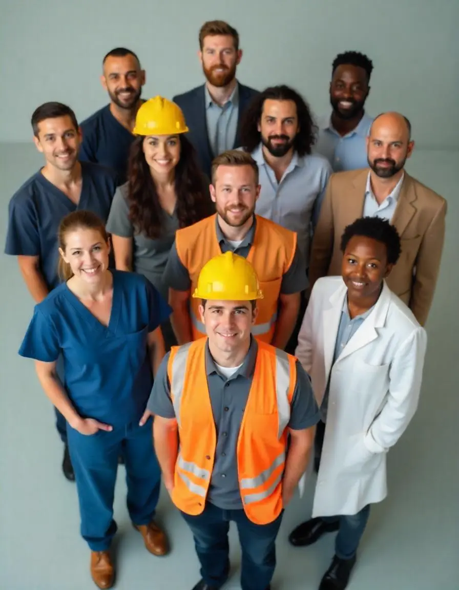 manpower supply in qatar-wings technical services A diverse group of professionals stands in a circle, looking up at the camera. The group includes individuals wearing different types of work attire, such as a construction worker with a yellow hard hat, a person in a blue medical uniform, a person in an orange safety vest, a person in a white lab coat, and others in business casual clothing. This image represents a variety of professions and highlights diversity and collaboration in the workplace-representing manpower supply company in qatar